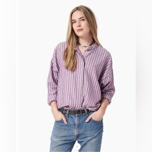 XiRENA Purple Striped Button Collarless Buttondown